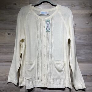 Vintage Cardigan Sweater Women’s Large Cream Crochet Details Acrylic Cottagecore